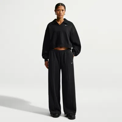 Nike Women's Studio Fleece Medium-weight Plush Mid-rise Wide-leg Pants In Black