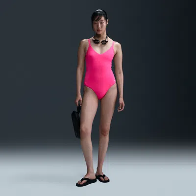 Nike Women's Swim Essential V-neck One-piece In Pink