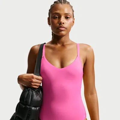 Nike Women's Swim Essential V-neck One-piece In Pink