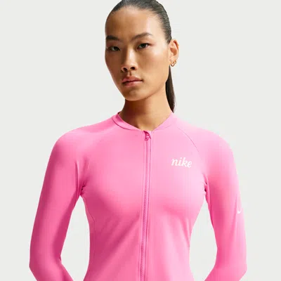 Nike Women's Swim Hydroguard Dri-fit Uv Long Sleeve Zip Top In Pink