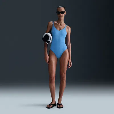Nike Women's Swim Water Texture V-neck One-piece In Blue