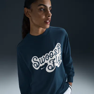 Nike Women's Swoosh Fly Dri-fit Oversized French Terry Basketball Sweatshirt In Armory Navy/lt Orewood Brown