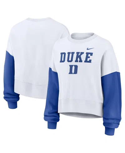 NIKE WOMEN'S WHITE DUKE BLUE DEVILS COLOR-BLOCK OVERSIZED CROPPED PULLOVER SWEATSHIRT