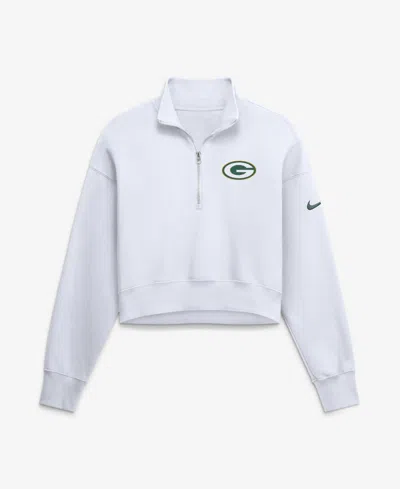 Nike Women's White Green Bay Packers Oversized Phoenix Fleece Cropped Quarter-zip Sweatshirt
