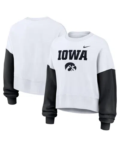 NIKE WOMEN'S WHITE IOWA HAWKEYES COLOR-BLOCK OVERSIZED CROPPED PULLOVER SWEATSHIRT