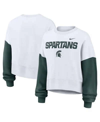 NIKE WOMEN'S WHITE MICHIGAN STATE SPARTANS COLOR-BLOCK OVERSIZED CROPPED PULLOVER SWEATSHIRT