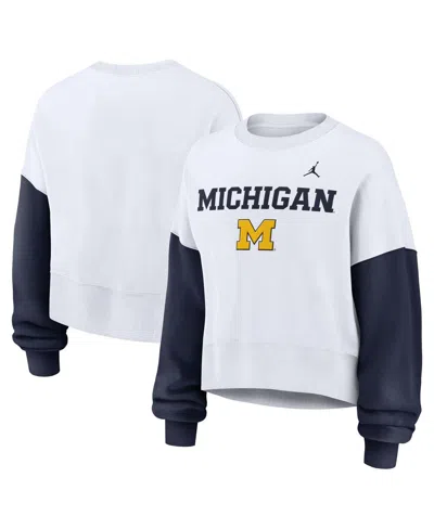 NIKE WOMEN'S WHITE MICHIGAN WOLVERINES COLOR-BLOCK OVERSIZED CROPPED PULLOVER SWEATSHIRT