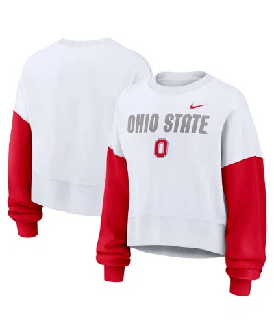 NIKE WOMEN'S WHITE OHIO STATE BUCKEYES COLOR-BLOCK OVERSIZED CROPPED PULLOVER SWEATSHIRT