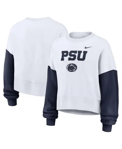 NIKE WOMEN'S WHITE PENN STATE NITTANY LIONS COLOR-BLOCK OVERSIZED CROPPED PULLOVER SWEATSHIRT