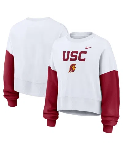Nike Women's White Usc Trojans Color-block Oversized Cropped Pullover Sweatshirt