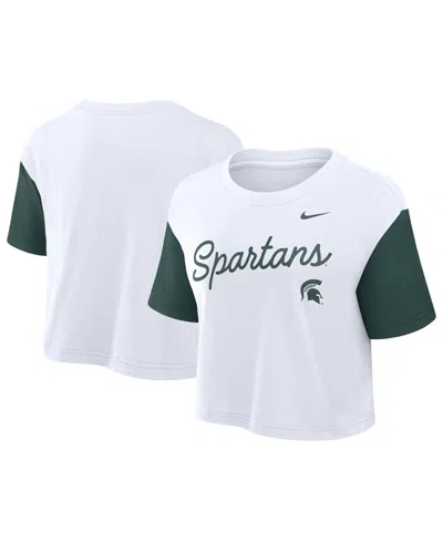 Nike Women's White/green Michigan State Spartans Color-block Script Performance Cropped T-shirt In Multi