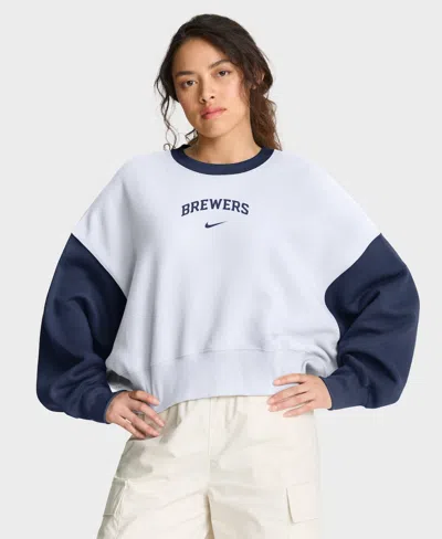 Nike Women's White/navy Milwaukee Brewers Oversized High Hip Fleece Sweatshirt
