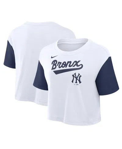 Nike Women's White/navy New York Yankees Script Cropped Performance T-shirt In White,navy