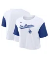 Nike Women's White/royal Los Angeles Dodgers Script Cropped Performance T-shirt In White,royal