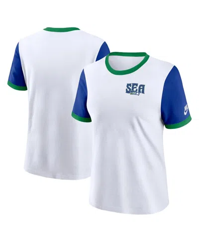 Nike Women's White/royal Seattle Seahawks Rewind Ringer T-shirt In White,royal