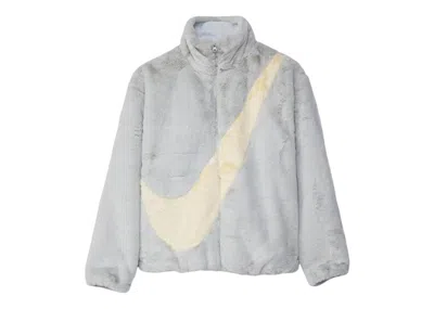 Pre-owned Nike Womens Faux Fur Oversized Swoosh Logo Jacket In Photon Dust/cashmere