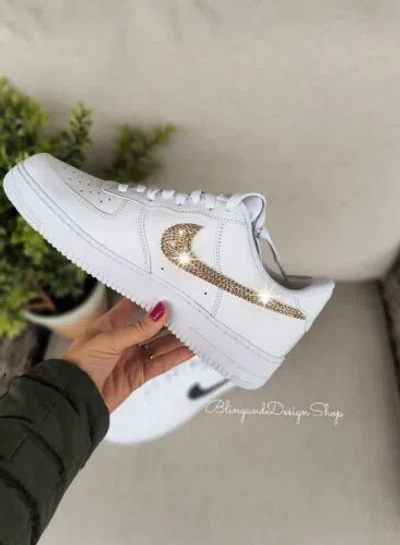 Pre-owned Nike Womens  Air Force 1 Low Sneakers Customized With Swarovski Crystals Custom In White