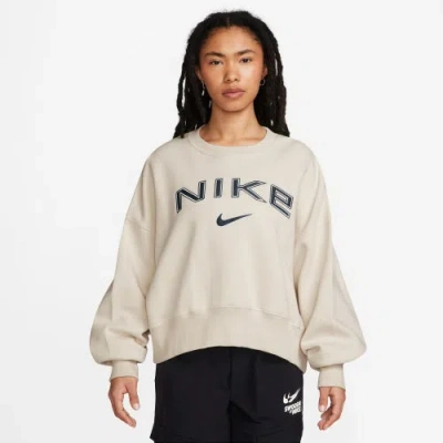 Nike Womens  Nsw Phoenix Oos Fleece Logo Crew In Light Orewood Brown/white
