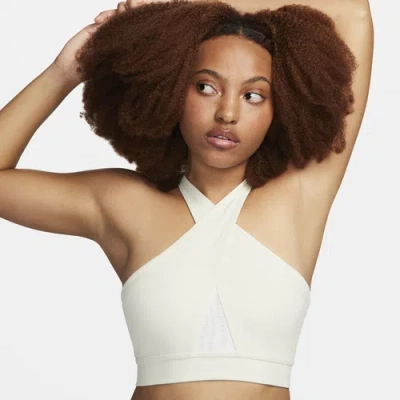Nike Dri-fit Road To Wellness Swoosh Wrap Sports Bra In Stone-green In Sea Glass/sail
