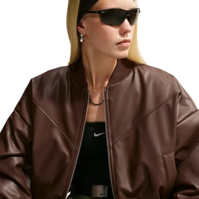 Nike Womens Therma-fit Pleather Bomber Jacket In Brown