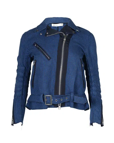 Sacai Luck Houndstooth Biker Jacket In Royal Blue Cotton