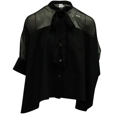 Sacai Ribbon Neckline Sheer Panel Blouse In Black Polyester