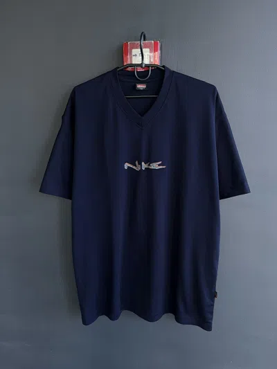 Pre-owned Nike X Vintage 90's Nike 3d Logo V-neck T-shirt In Navy Blue
