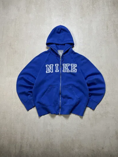 Pre-owned Nike X Vintage Distressed Nike Embroidered Big Logo Zip Hoodie In Blue