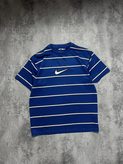 Pre-owned Nike X Vintage T-shirt Nike Blue Big Logo Striped Tee In Bleu