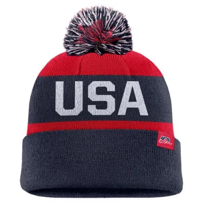 Nike Kids' Youth  Navy Us Hockey Peak Stripe Tri-blend Cuffed Knit Hat With Pom In Multi