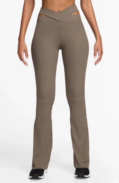 Nike Zenvy Dri-fit Cutout High Waist Flare Rib Leggings In Mink Brown/black/white