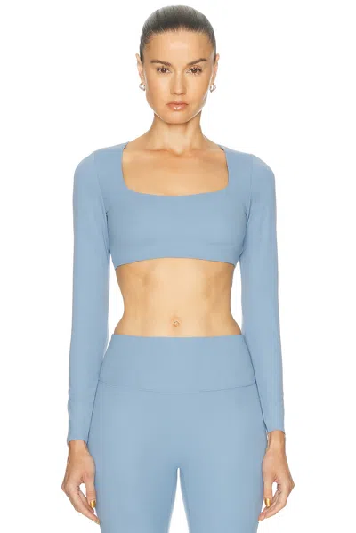 Nike Zenvy Long Sleeve Sports Bra Crop Top In Work Blue & White
