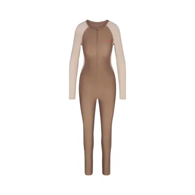 Pre-owned Nikeskims Shine Zip-front Long Bodysuit 'truffle/stone' | Brown | Women's Size Xs