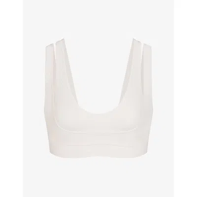 Nikeskims Womens Ivory Matte Double-strap Scoop-neck Sports Bra In White