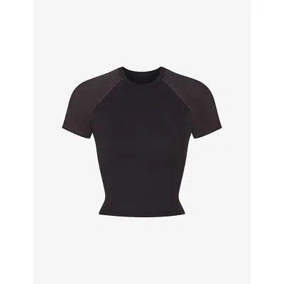 Nikeskims Womens  Matte Shine Cropped Baby Tee Training Top In Obsidian/igneous