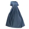 Nikka Place Maxi Linen Maternity Dress With Short Sleeves And Empire Waist In Slate Blue Color