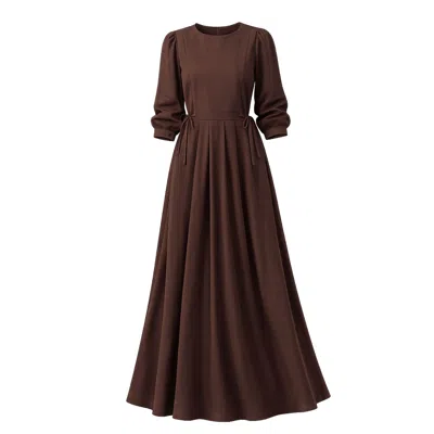 Nikka Place Women's Brown Maxi Linen A-line Dress With Bishop Sleeves And Pockets In Chocolate Color