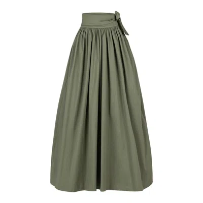Nikka Place Women's High Waist Cotton Gathered Skirt With Front Bow & Pockets In Sage Green Color