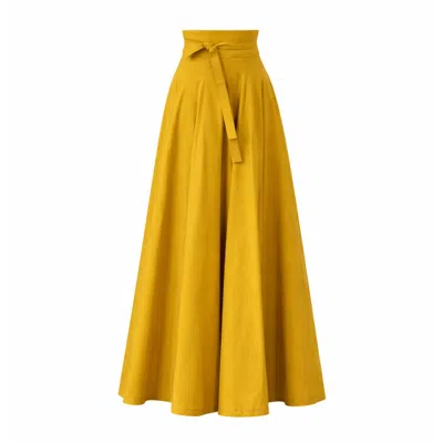 Nikka Place Women's Maxi Flared Cotton Skirt With Tie Belt In Yellow Color In Gold