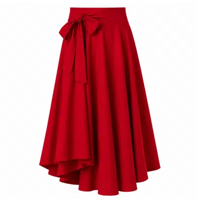 Nikka Place Women's Midi Flared Cotton Skirt With Bow Belt In Red