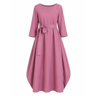 Nikka Place Women's Pink Oversized Linen Maxi Dress With Belt And Bracelet Sleeves In Dark Rose Color