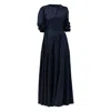 Nikka Place Women's Vintage Inspired Linen Dress With Puff Sleeves And Pockets In Dark Blue In Blue