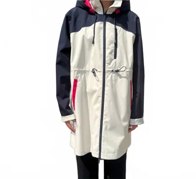 Nikki Jones Long Lightweight Raincoat With Hood In Navy And Pink In Multi