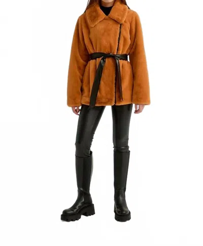 Nikki Jones Zip Asymmetric Faux Fur Jacket With Vegan Leather In Sunflower In Orange