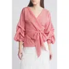 Nikki Lund Anna Tie Waist Wrap Top In Red/wht