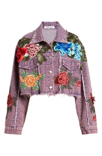 Nikki Lund Bloom Floral Appliqué Texture Denim Jacket In Purple
