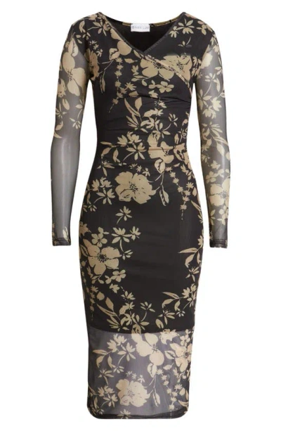 Nikki Lund Britt Floral Print Long Sleeve Mesh Maxi Dress In Black