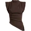 Nikki Lund Cora Strong Shoulder Asymmetric Jersey Top In Brown