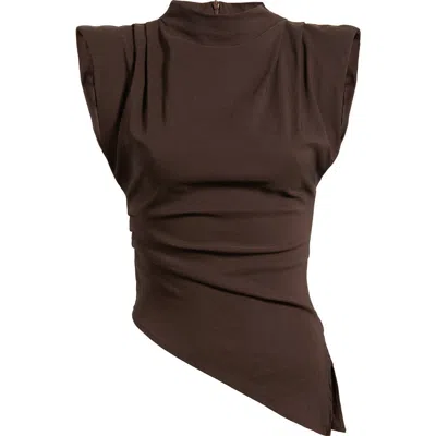 Nikki Lund Cora Strong Shoulder Asymmetric Jersey Top In Brown