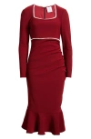 Nikki Lund Faux Pearl Ruched Flare Hem Dress In Burgundy